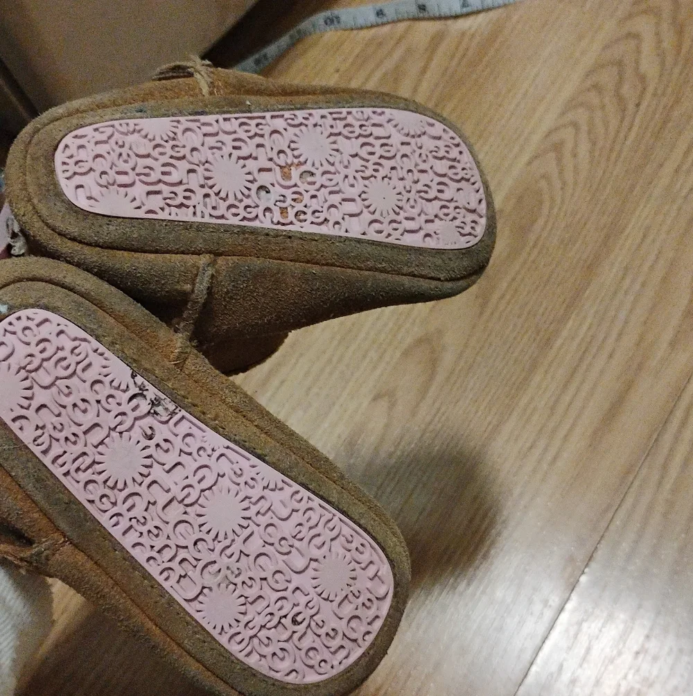 Ugg Girls Brown Leather Fur Lined Pink Bow Back Boots Balletcore Sz 4-5